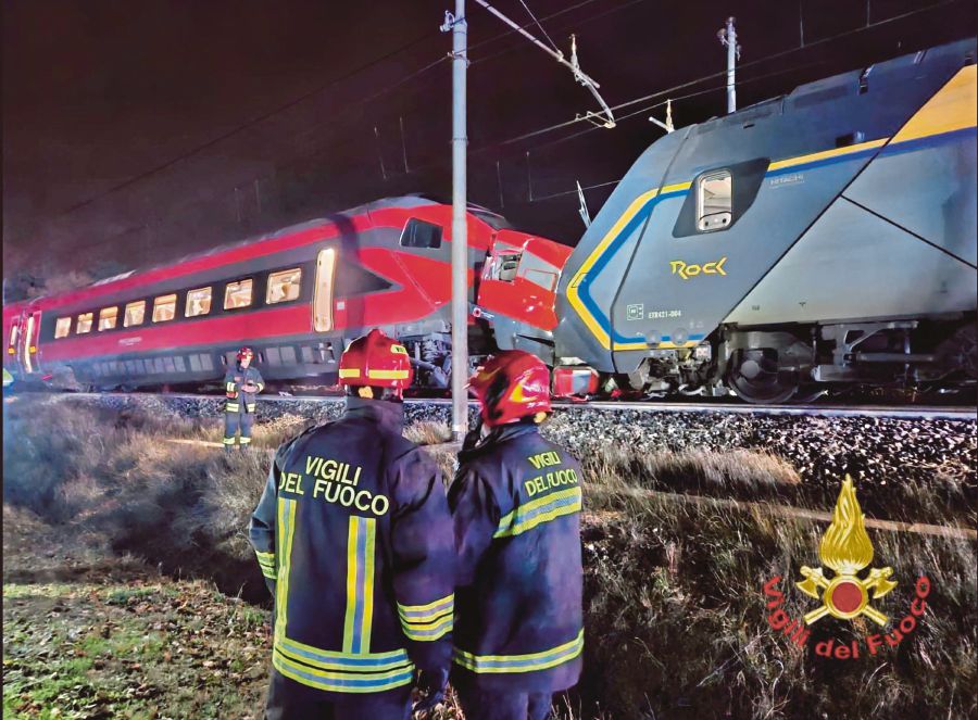 The site of the collision between a high speed train Freccia Rossa and a regional train. At least 17 people are injured, according to firefighters. - AFP pic