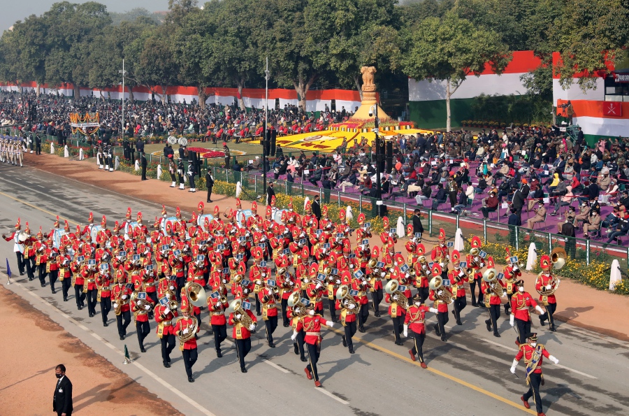 An Indian military band marches during the 72nd Republic Day celebrations in New Delhi, India, 26 January 2021. The Republic Day of India marks the adoption of the constitution of India and the transition of the country to a Republic on 26 January 1950. - EPA/HARISH TYAGI