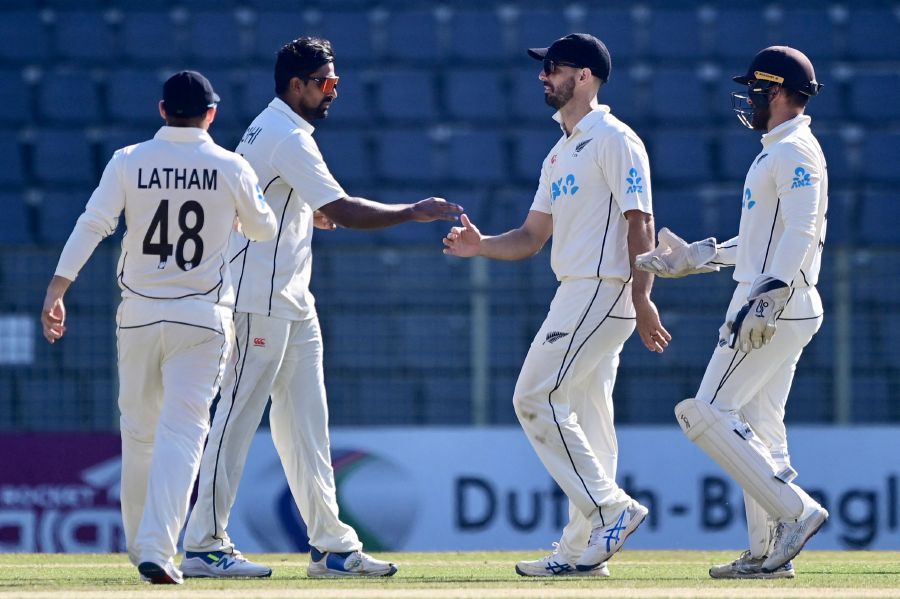 New Zealand’s Ish Sodhi (2nd left) celebrates with teammates after the dismissal of Bangladesh’s Shahadat Hossain during the fourth day of the first Test cricket match between Bangladesh and New Zealand at the Sylhet International Cricket Stadium in Sylhet. - AFP pic