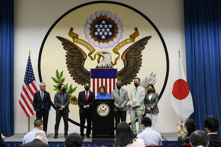 (L to R) US Ambassador to Japan Rahm Emanuel, US Rep. Andy Kim (NJ), US Rep. Raja Krishnamoorthi (IL), US House Speaker Nancy Pelosi, US House Foreign Affairs Committee Chairman Gregory Meeks (NY), US House Veterans' Affairs Committee Chairman Mark Takano (CA) and US Rep. Suzan DelBene (WA) take part in a press conference at the US Embassy in Tokyo on August 5, 2022, at the end of their Asian tour, which included a visit to Taiwan. (Photo by Richard A. Brooks / AFP)