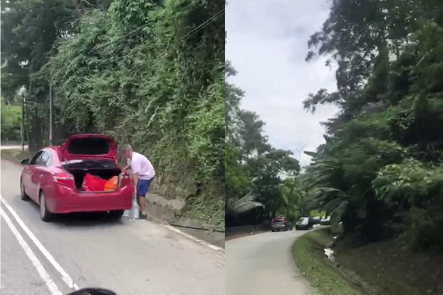 The action of some people who park their vehicles by the roadside between Genting Sempah and Janda Baik in order to collect spring water from the hillside is posing danger to other road users. - Screengrab from Reader