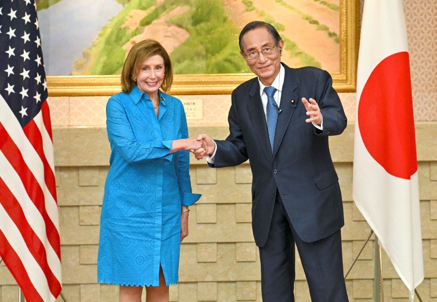 US House Speaker Nancy Pelosi (L) shakes hands with Hiroyuki Hosoda, speaker of Japan’s House of Representatives, during a meeting in Tokyo on August 5, 2022. - Japan's diplomacy with Asean is seen to have become more challenging following the tensions that were precipitated by United States House of Representatives Speaker Nancy Pelosi visit to Taiwan recently. - AFP pic