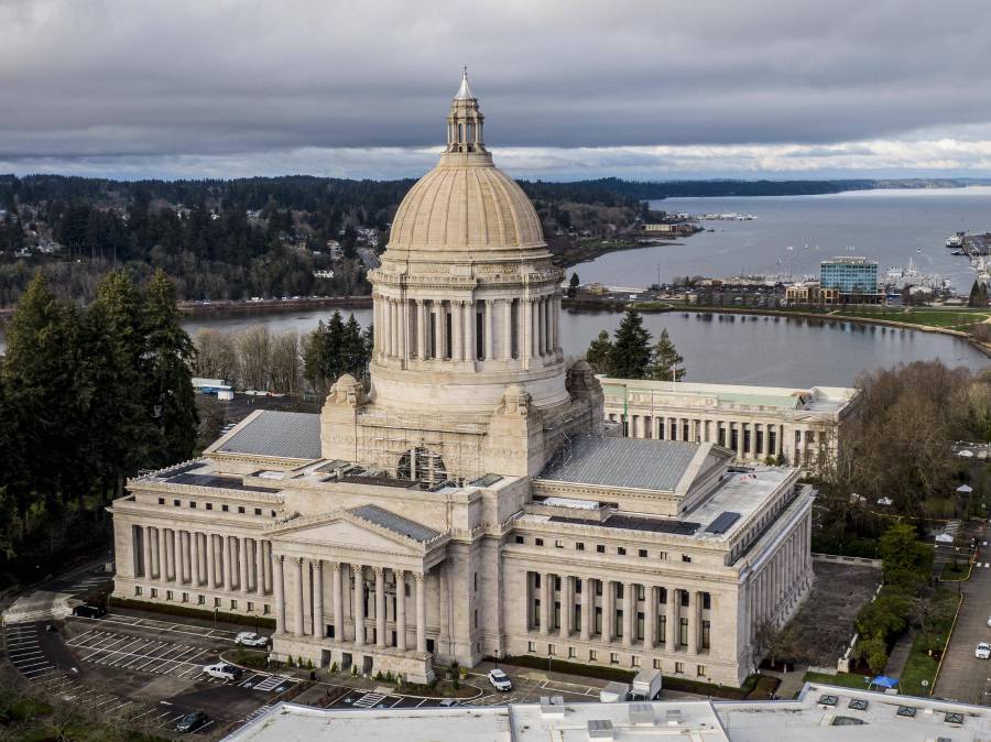 In this aerial view from a drone, the Washington State Capitol is seen on January 17, 2021 in Olympia, Washington. Supporters of President Donald Trump gathered at state capitol buildings throughout the nation today to protest the presidential election results and the upcoming inauguration of President-elect Joe Biden. (David Ryder/Getty Images/AFP)