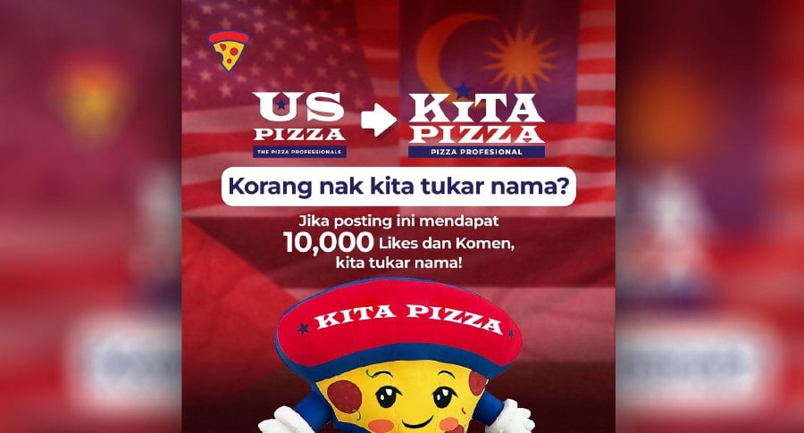 In solidarity with the Palestinian cause, a local pizza chain, currently known as US Pizza, plans to rebrand as Kita Pizza. - Pic credit Facebook US Pizza Malaysia