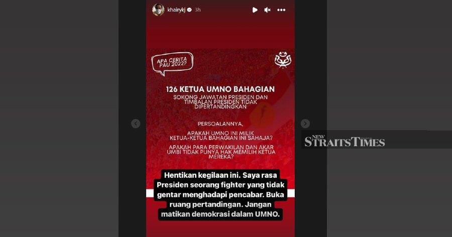 Khairy also forwarded a poster which questioned whether the right to elect a party president only lies in the hands of a specific group of Umno division heads, when it is the right ofall Umno delegates. - Screengrab via Instagram @khairykj 
