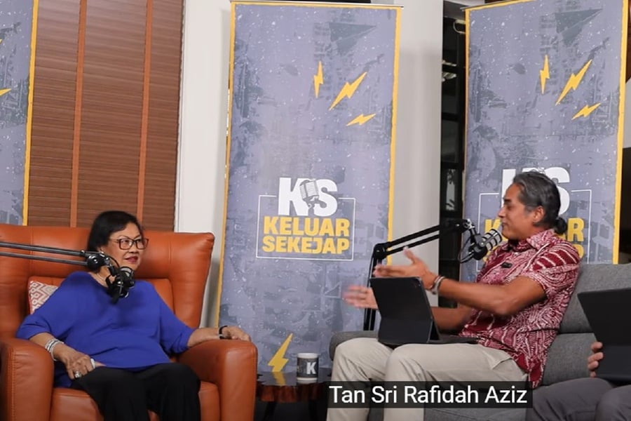 Tan Sri Rafidah Aziz speaking to Khairy Jamaluddin during the Keluar Sekejap’ podcast. - Pic credit ‘Keluar Sekejap’ podcast