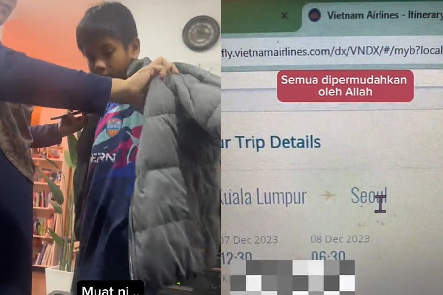 The heartwarming TikTok video, uploaded by @hayati.ahmd, unfolds with the young boy named Amsyar, who recently lost his father, receiving a puffer jacket from his affectionate aunt. - Screengrab from TikTok
