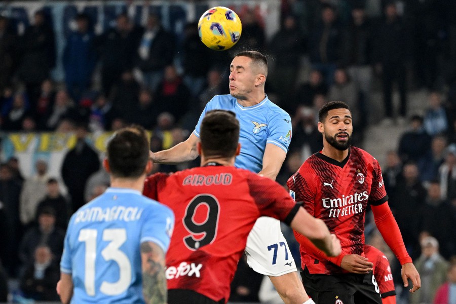 Lazio's Montenegrin defender #77 Adam Marusic jumps for the ball during the Italian Serie A football match between Lazio and AC Milan on March 01, 2024 at the Olympic stadium in Rome. - AFP pic