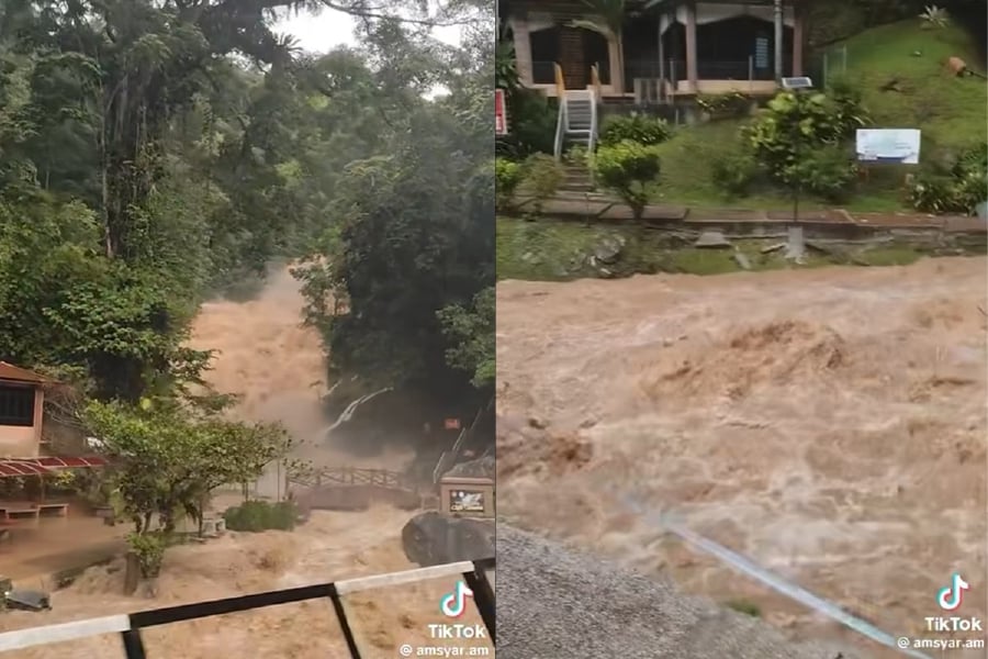 A dramatic video capturing a water surge phenomenon or “kepala air” at the popular Lata Iskandar waterfall along Jalan Tapah - Cameron Highlands here has gone viral on social media today. - Screengrab from Social Media