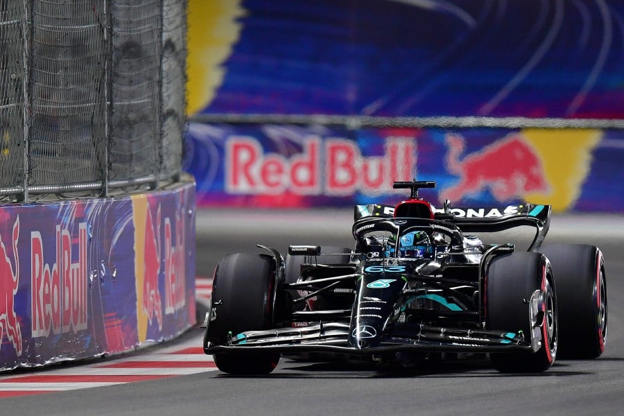 Las Vegas, Nevada, USA; Mercedes AMG Petronas driver George Russell of Great Britain (63) during free practice at Las Vegas Strip Circuit. - Gary A. Vasquez-USA TODAY Sports/AFP