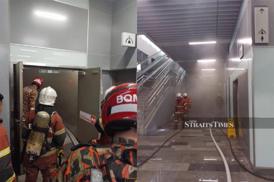 A fire broke out at one of the communication panel rooms of the Taman Mutiara MRT station in Cheras here today. - Pic courtesy from Fire and Rescue Dept