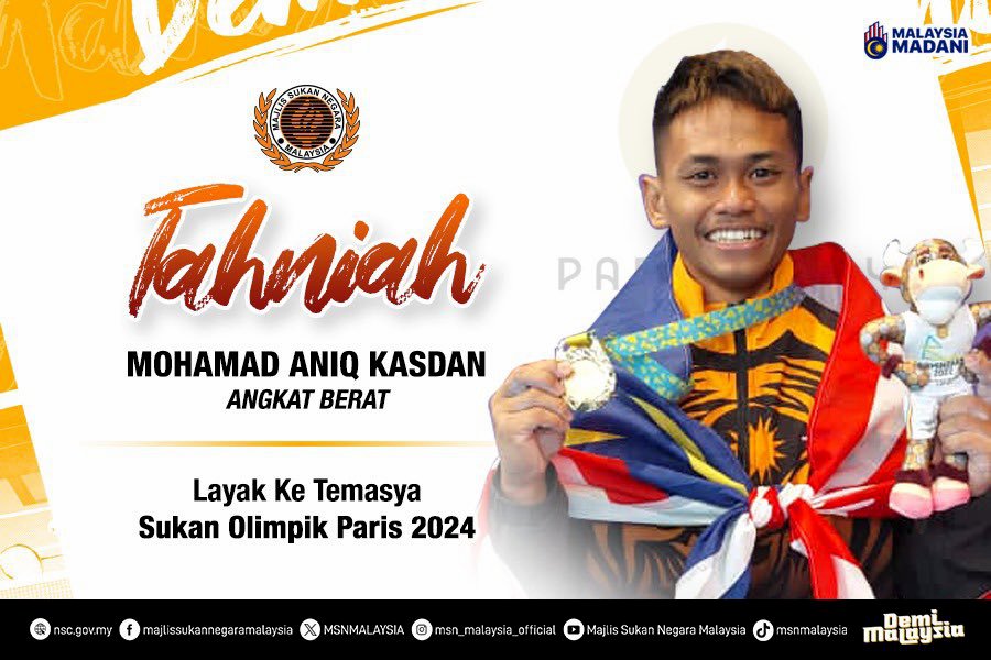 National weightlifter Aniq Kasdan has qualified for the Paris Olympics in the men's Under-61 kilogramme class. - Credit MSN Malaysia’s X