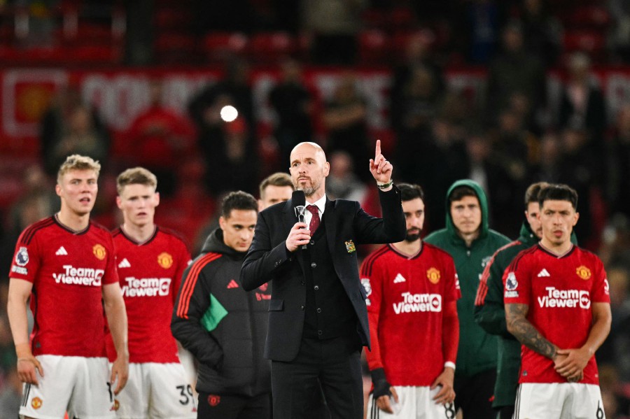Manchester United's Dutch manager Erik ten Hag delivers a speech the end of the English Premier League football match between Manchester United and Newcastle United at Old Trafford in Manchester, north west England, on May 15, 2024. Manchester United wins 3 - 2 against Newcastle United. - AFP pic