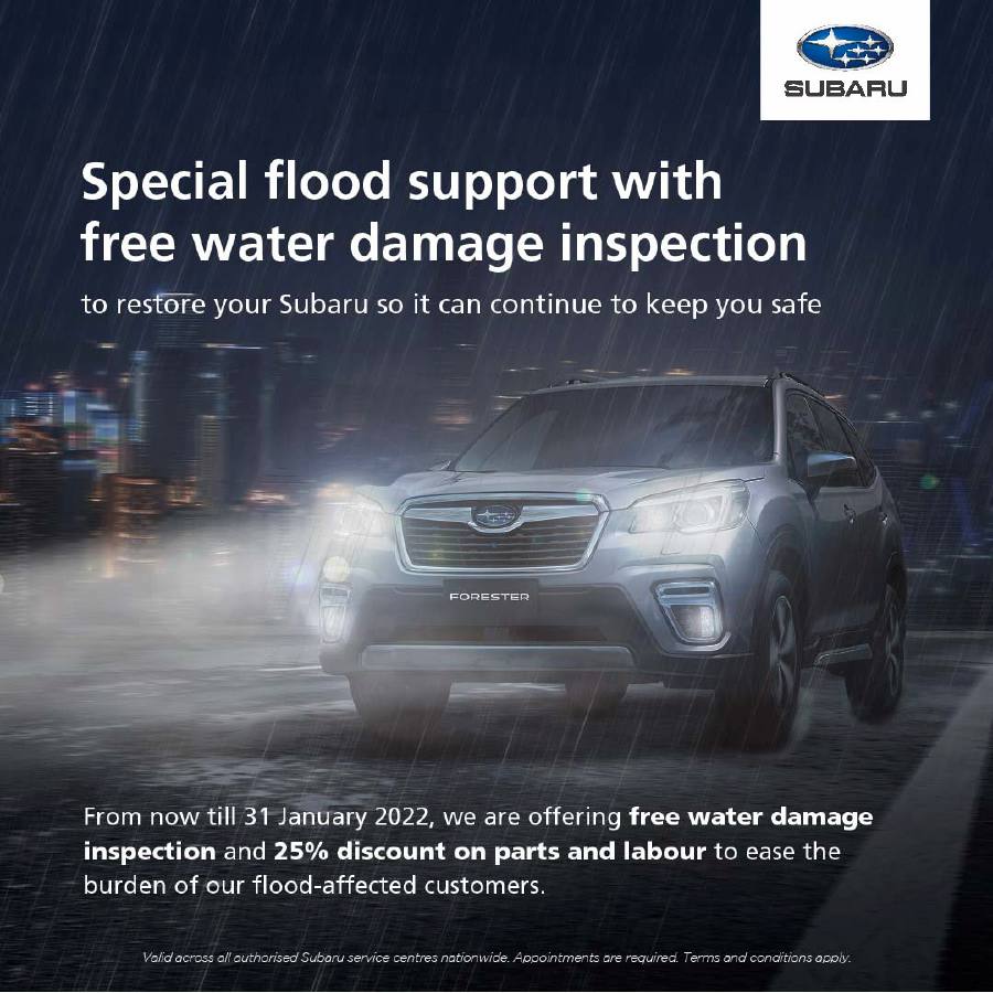 In light of the on-going flood situation affecting major states across Malaysia, all authorised Subaru service centres nationwide will be offering flood-affected Subaru owners a 25 per cent discount on all parts till Jan 31.