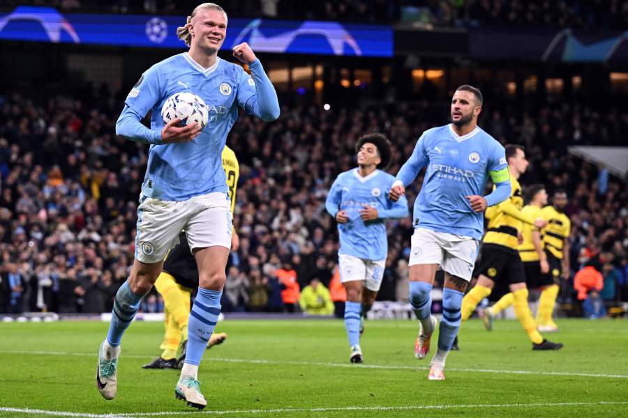Manchester City's Norwegian striker Erling Haaland celebrates scoring his team's first goal during the UEFA Champions League Group B second leg football match between Manchester City and Young Boys at the Etihad Stadium in Manchester, north west England, on November 7, 2023. - AFP pic