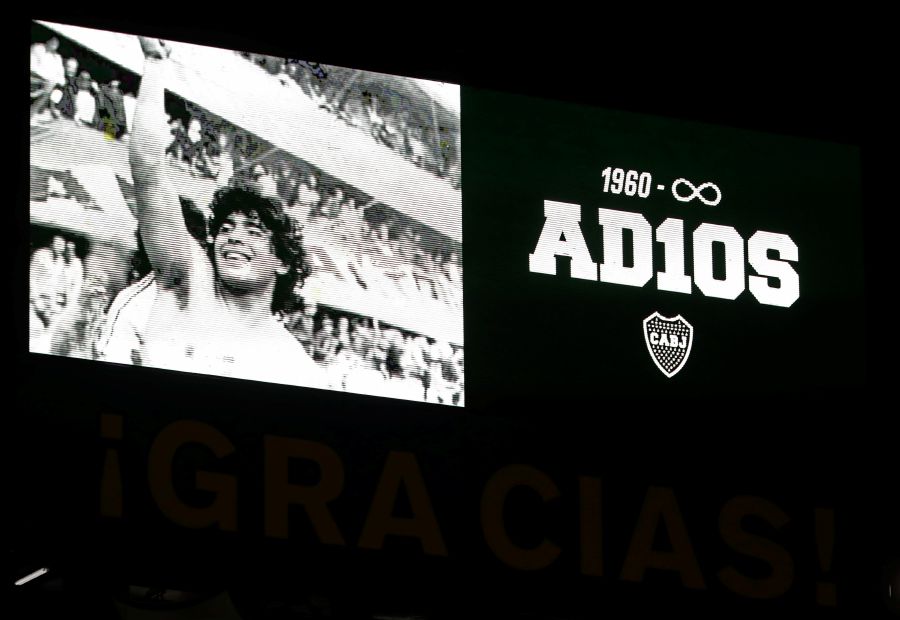 The stadium's screen shows a photo of Diego Maradona reading '1960-infinity. Goodbye' at La Bombonera stadium to pay homage to late Argentinian football legend Diego Maradona during the Copa Diego Maradona 2020 football match between Boca Juniors and Newell's Old Boys, in Buenos Aires, on November 29, 2020. - AFP PIC