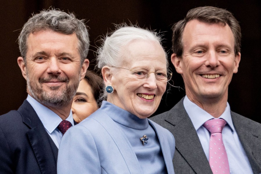  (L to R) Crown Prince Frederik of Denmark, Queen Margrethe II of Denmark and Prince Joachim of Denmark arrive for the Queen's 83rd birthday celebrations at Amalienborg Castle in Copenhagen on April 16, 2023. - AFP PIC