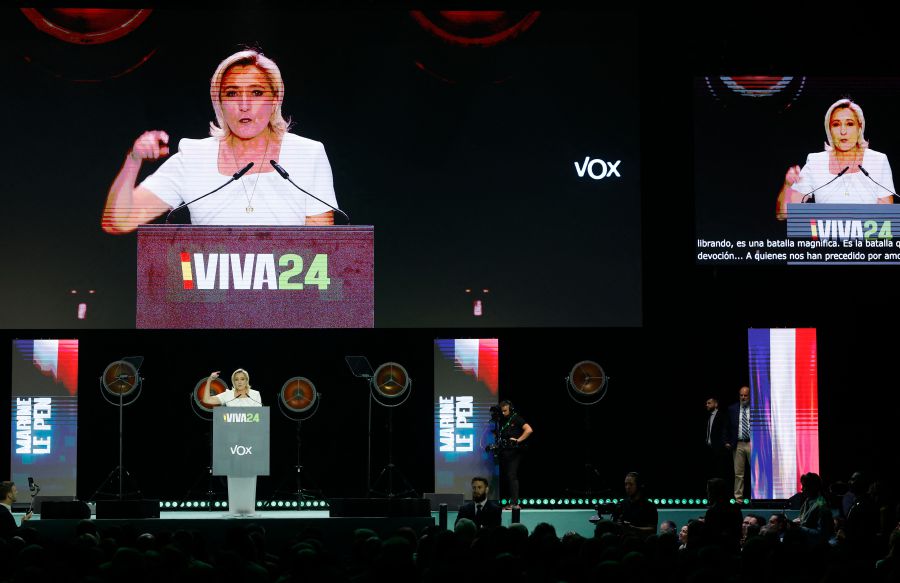 French far-right Rassemblement National (RN) leader Marine Le Pen takes part in the Spanish far-right wing party Vox's rally "Europa Viva 24" in Madrid. - AFP pic