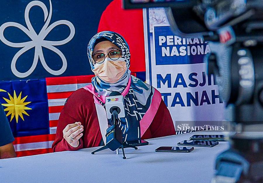 Perikatan Nasional candidate for the Tanjung Bidara state assembly seat Datuk Mas Ermieyati Samsudin speaks to reporters in Tanjung Bidara. - NSTP pIC