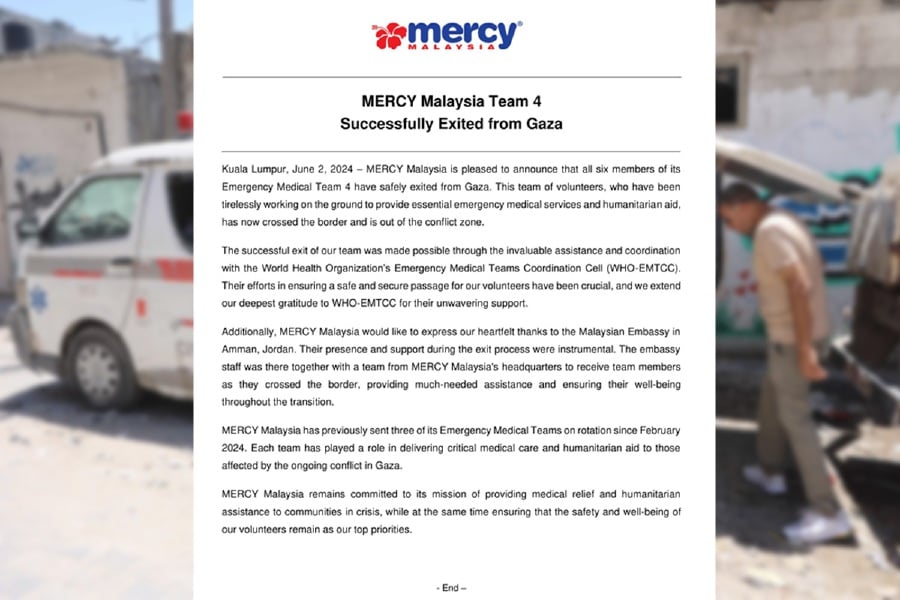 All six volunteers from Mercy Malaysia’s emergency medical team have safely exited Gaza and are now out of the war zone. - AFP pic/ Statement courtesy from Mercy Malaysia