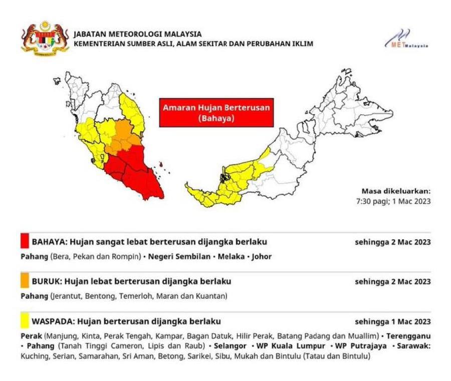 The Meteorology Department (MetMalaysia) director-general, Muhammad Helmi Abdullah, said such high rainfall was not unusual as it had occurred several times over the years. - Pic courtesy from MetMalaysia