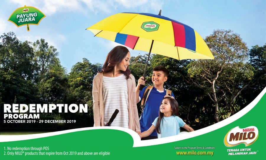 Keep yourself dry with MILO® 's Payung Juara, a practical and stylish umbrella which will take you further – rain or shine.