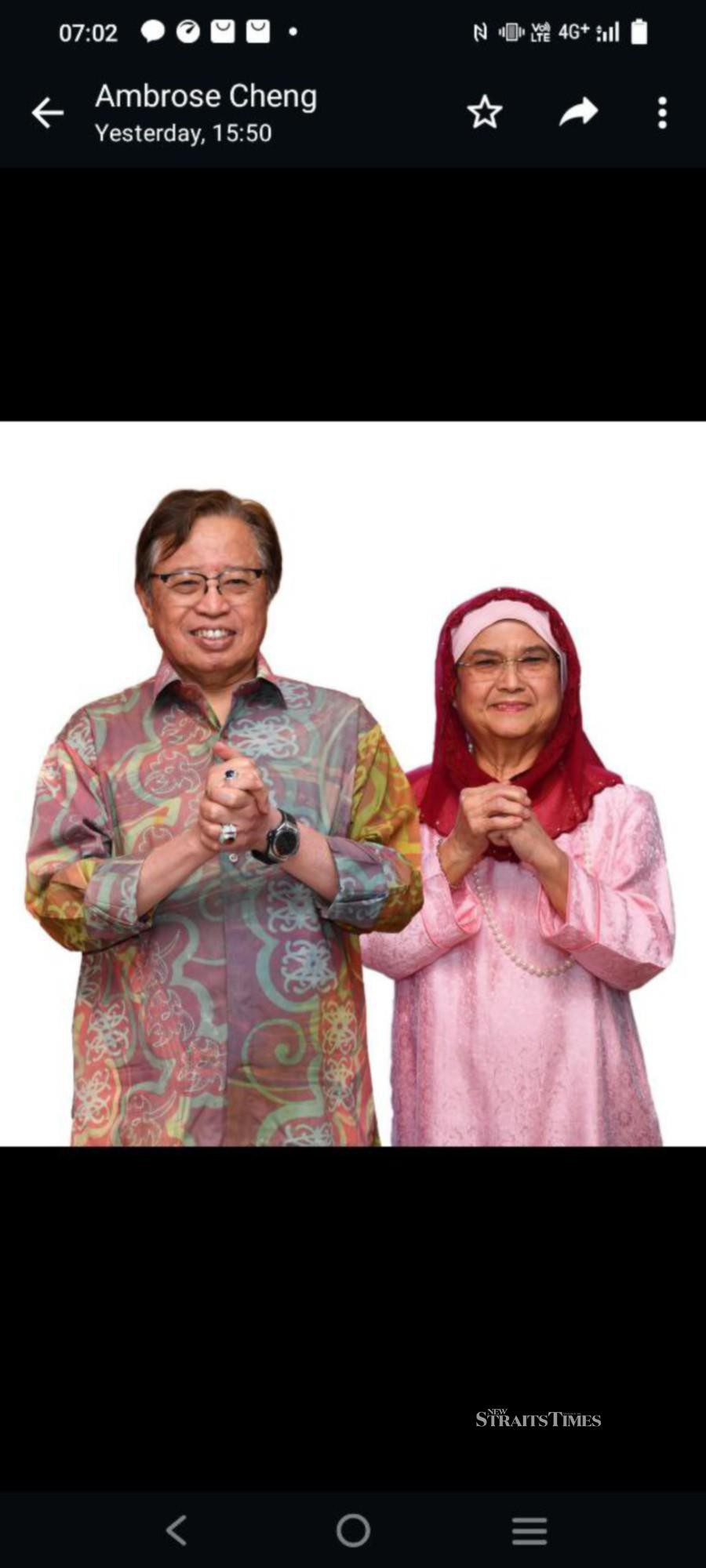 KUCHING: Sarawak Premier Tan Sri Abang Johari Abang Openg, seen here with his wife Puan Sri Juma'ani Tuanku Bujang, said the state wants to take over Bintulu Port from the federal government, establish its own airline and have a major stake in a commercial bank. — NST / Sarawak Premier’s Office