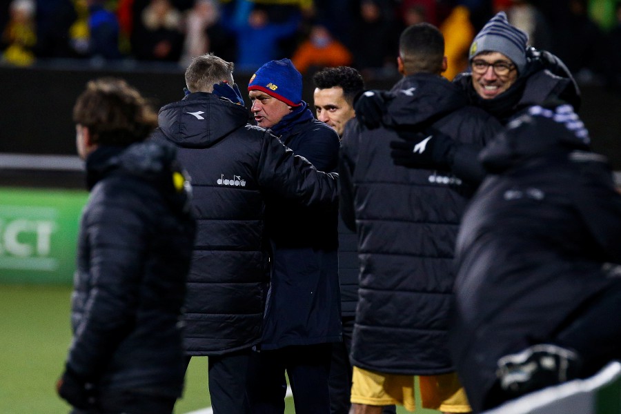 AS Roma head coach Jose Mourinho (3-L) and and Bodo/Glimt's coach Kjetil Knudsen (2-L) chat after the UEFA Europa Conference League soccer match between FK Bodo/Glimt and AS Roma at Aspmyra Stadium in Bodo, Norway. - EPA PIC
