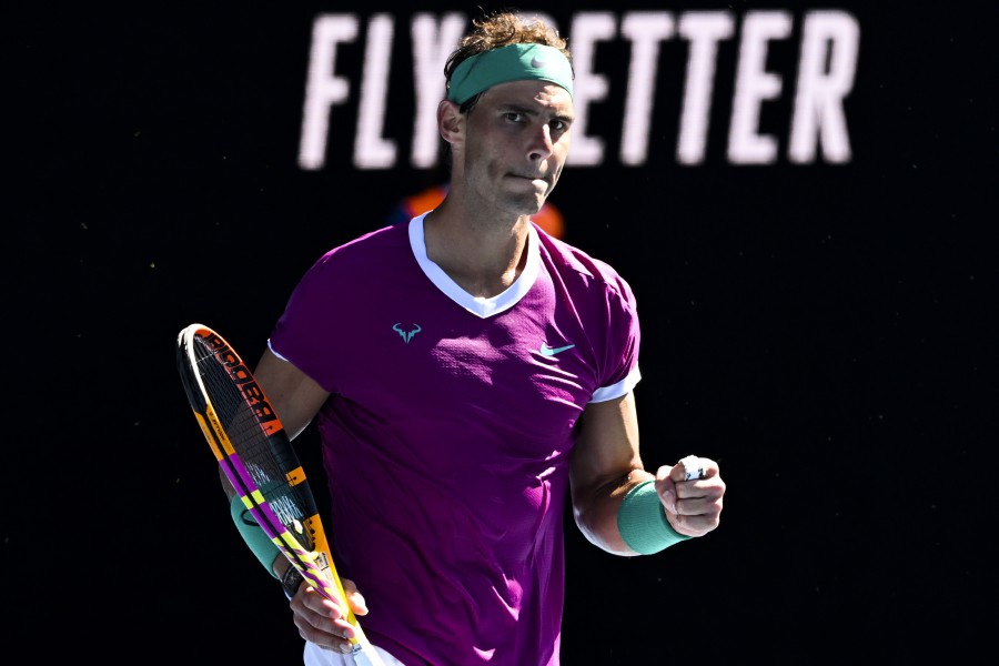 Rafael Nadal of Spain celebrates a winner against Marcos Giron of the United States in their first round match on Day 1 of the Australian Open tennis tournament, at Melbourne Park, in Melbourne, Australia, 17 January 2022. - EPA pic 