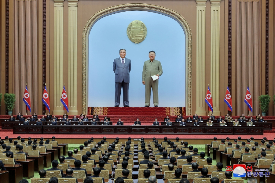 North Korean leader Kim Jong Un and senior North Korean officials take part in a meeting at the Mansudae Assembly Hall to mark the 50th anniversary the next day of the promulgation of the country's Socialist Constitution, in Pyongyang, North Korea. (KCNA via REUTERS) 