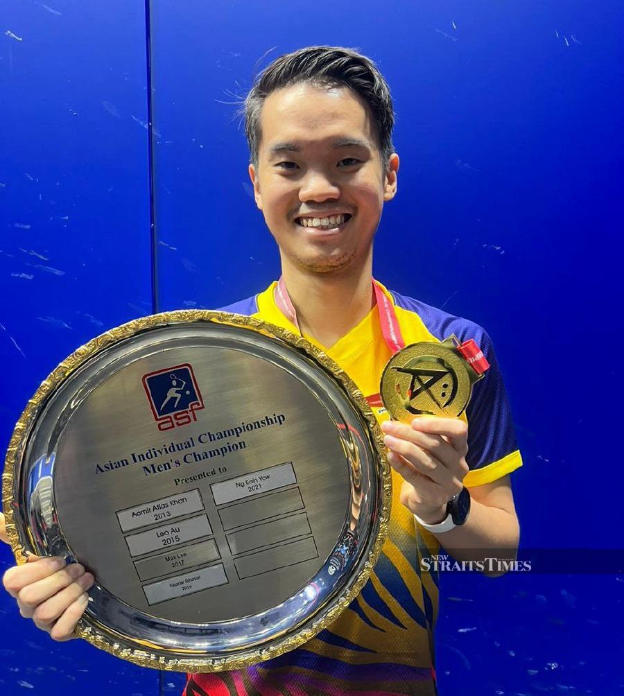Ng Eain Yow celebrating after winning the Asian squash title on Saturday in Hong Kong