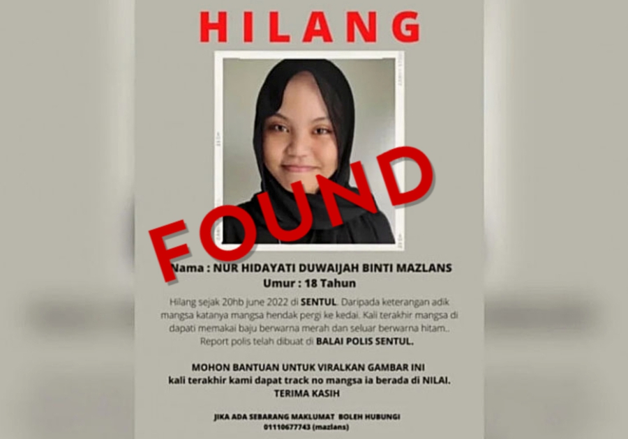 Teenage girl Nur Hidayati Duwaijah Mazlan who went missing from her home in Kampung Bandar Dalam, Sentul, on Monday, was found in Bangi, yesterday. - courtesy pic