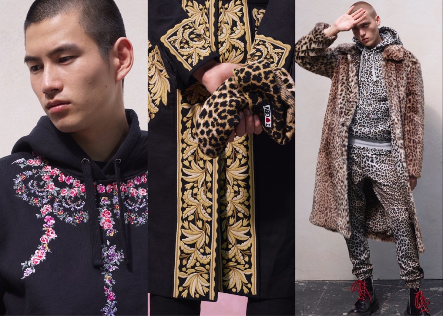 The men’s collection is rich with European baroque details and animal prints.