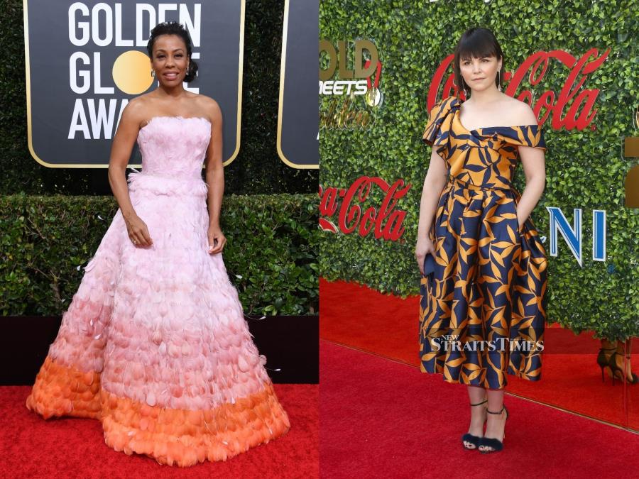 (L-R) Pittman at the Golden Globes and Goodwin at a Hollywood industry event wearing Khoon Hooi dresses.