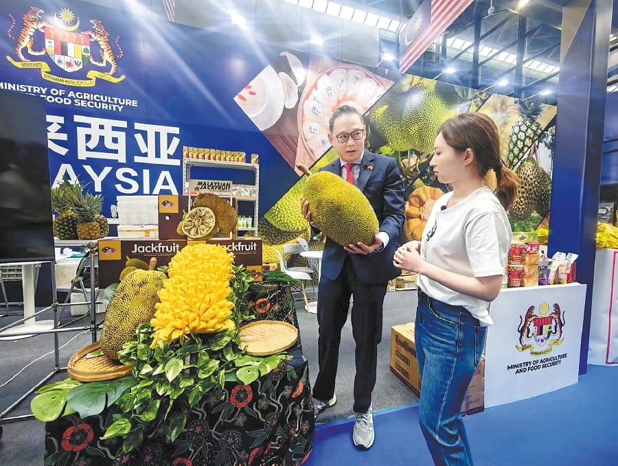 A Malaysian exhibitor presents a jackfruit to a visitor during the 20th China-ASEAN Expo and China-ASEAN Business and Investment Summit in Nanning, Guangxi Zhuang autonomous region, in September. (PROVIDED TO CHINA DAILY)