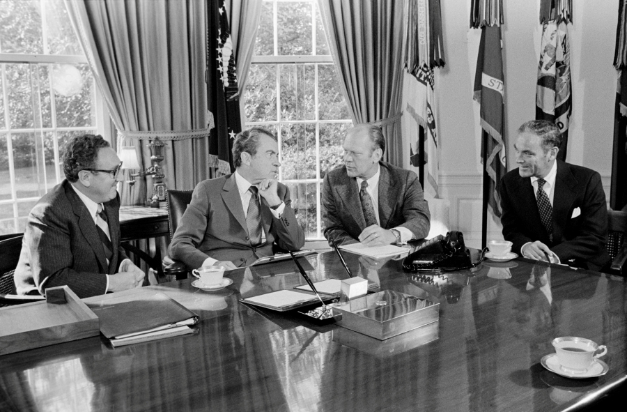 U.S. President Richard Nixon meets with Vice President-Designate Congressman Gerald Ford, Secretary of State Henry Kissinger, and Chief of Staff Alexander Haig, Jr., in the Oval Office, in Washington, U.S. (Richard Nixon Presidential Library/Handout via REUTERS)