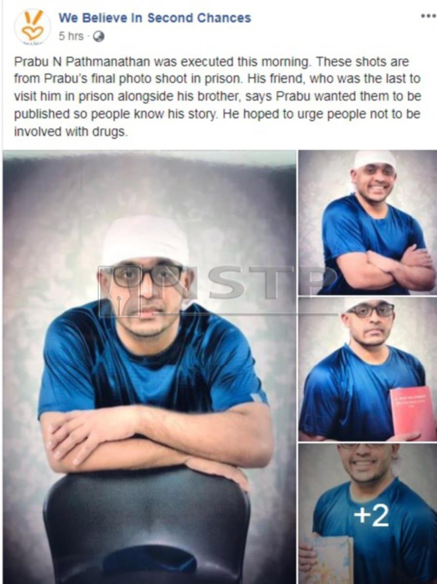 Malaysian Prabu Pathmanathan is seen here in a screen grab of a posting by Singapore anti-death sentence advocacy group “We Believe in Second Chances” in its Facebook page. The group uploaded the last pictures of Prabu, taken before his execution in Changi Prison.