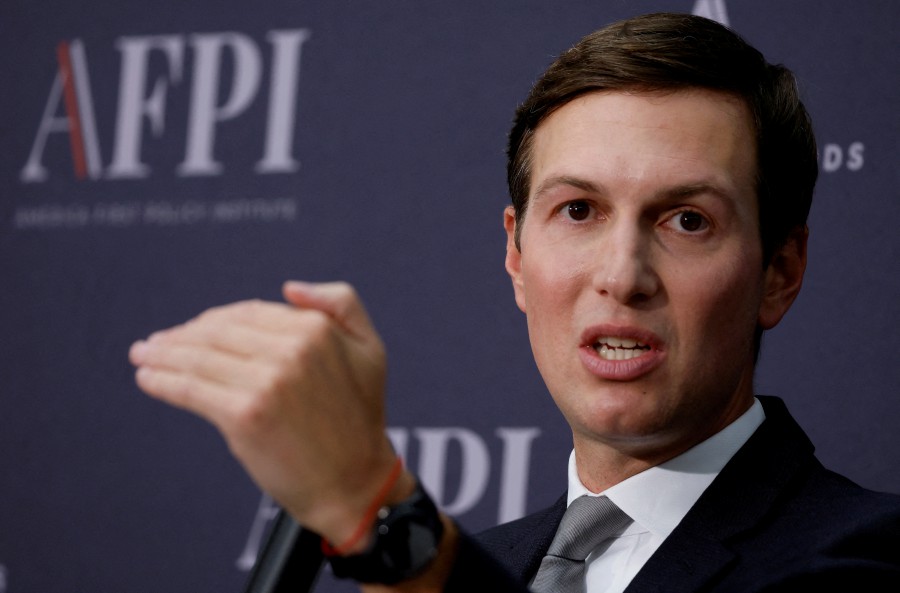 FILE PHOTO: Jared Kushner, former senior advisor to the president during the administration of his father-in-law, former President Donald Trump, speaks about the Abraham Accords during an event at the Trump affiliated America First Policy Institute in Washington, September 12, 2022. REUTERS/Evelyn Hockstein/File Photo