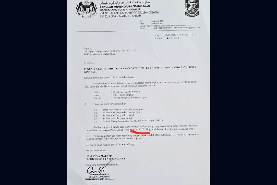 Sabah Education department clarifies PIBG fee is only RM40 and not RM350. - Courtesy pic