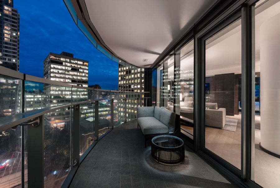 The executive one bedroom balcony at the Paradox Hotel Vancouver overlooks the skyline. Courtesy image