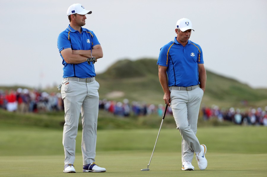 Bernd Wiesberger of Austria and Paul Casey of England and team Europe look on during Friday Afternoon Fourball Matches of the 43rd Ryder Cup at Whistling Straits on September 24, 2021 in Kohler, Wisconsin. - AFP PIC