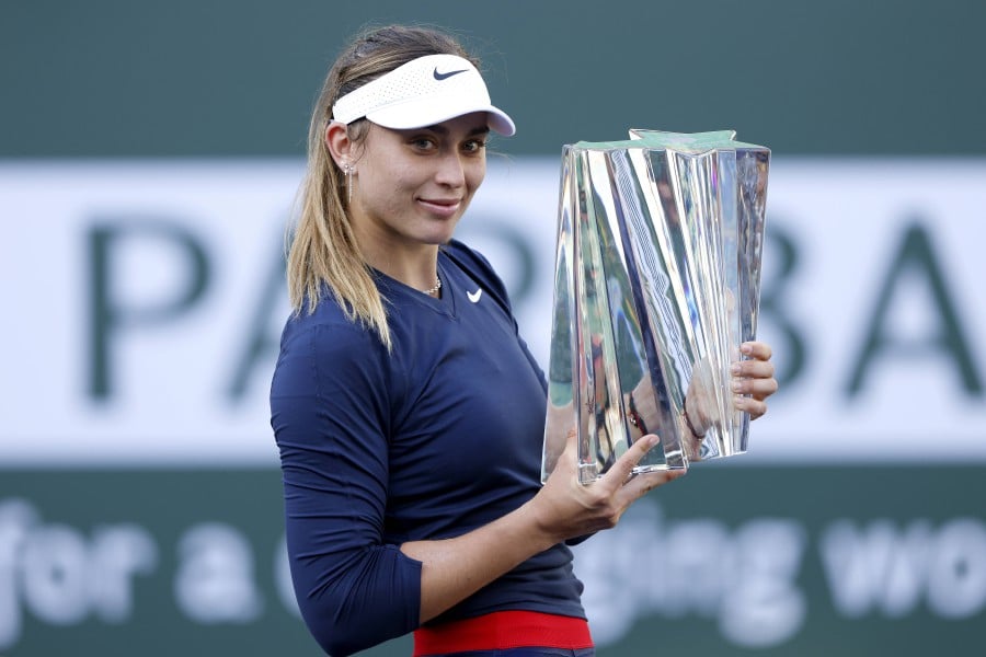 Paula Badosa of Spain holds the trophy after defeating Victoria Azarenka in the Women's Singles Final match on Day 14 of the BNP Paribas Open on October 17, 2021 in Indian Wells, California. - AFP pic