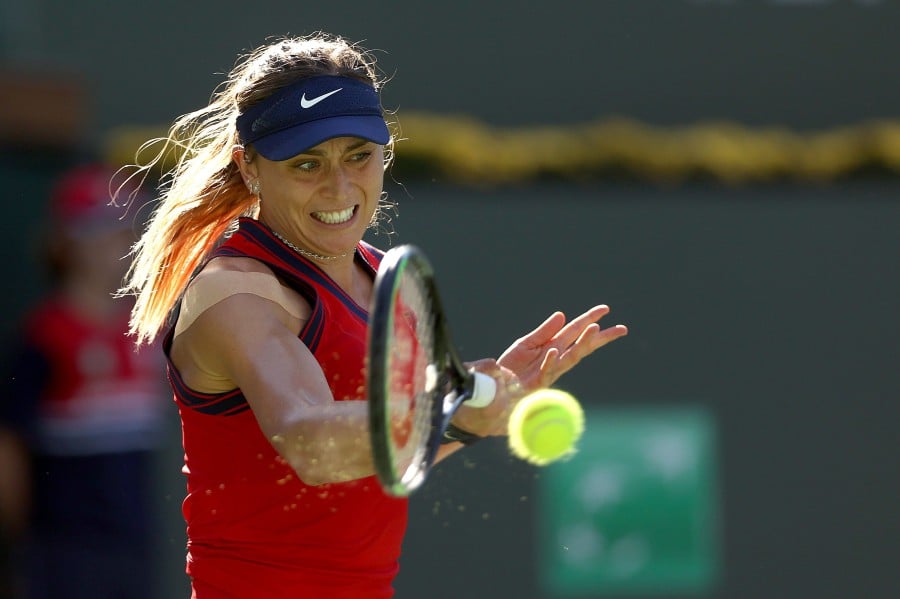 Paula Badosa of Spain plays a forehand a shot against Victoria Azarenka of Belarus during the Women's Singles Final match on Day 14 of the BNP Paribas Open in Indian Wells, California. - AFP pic