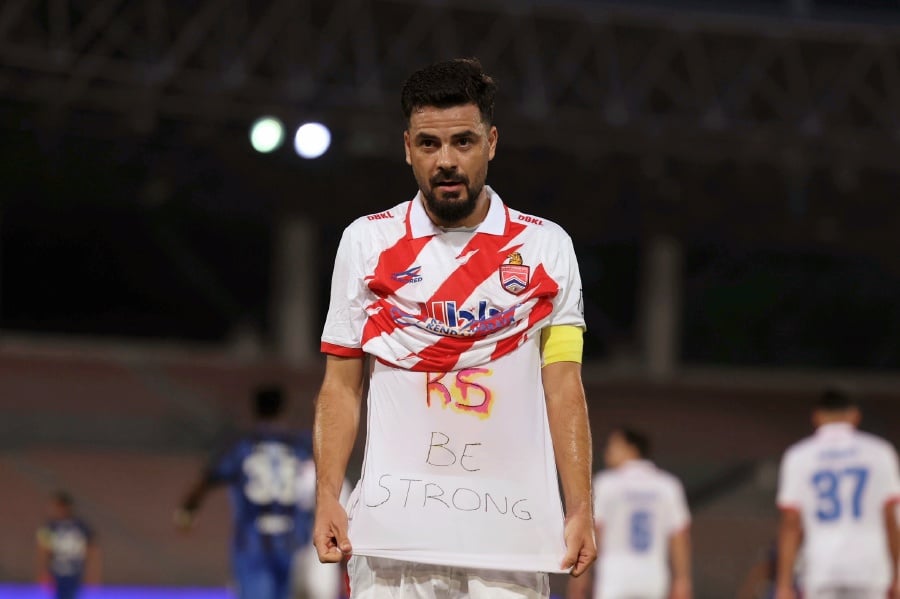 Josue marked his 12th minute strike against Kuching City FC at the KLFA Stadium with a ‘siuuu’ celebration in the style of Faisal after which he showed a message on his shirt which read “be strong”. - Bernama pic