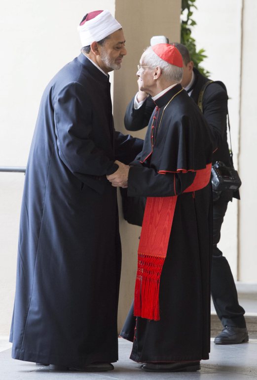  Cardinal Jean-Louis Tauran (R) welcomes Ahmad Al-Tayyib (L), the Grand Imam of the Al-Azhar Mosque, for their meeting with Pope Francis (unseen) at the Vatican, Vatican City, 23 May 2016. EPA 