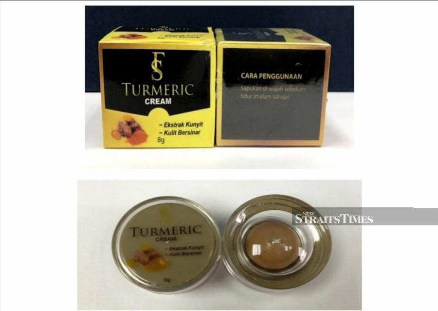 A cosmetic product to treat pimples and acne scars, FS Turmeric Cream has been found to contain schedule poisons, mercury and betamethasone 17-valerate, which are harmful to health. - Photo courtesy of KKM.
