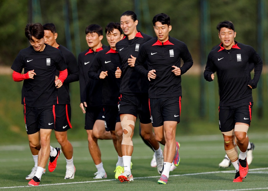 South Korea's Son Heung-Min and teammates during training. - REUTERS pic
