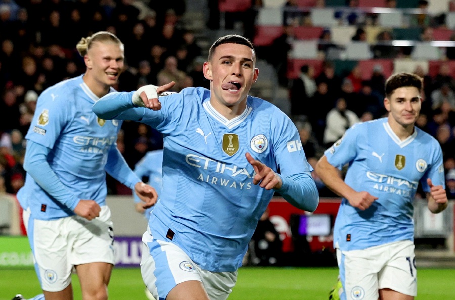 Manchester City's Phil Foden celebrates scoring their second goal with Erling Braut Haaland and Julian Alvarez. - REUTERS pic