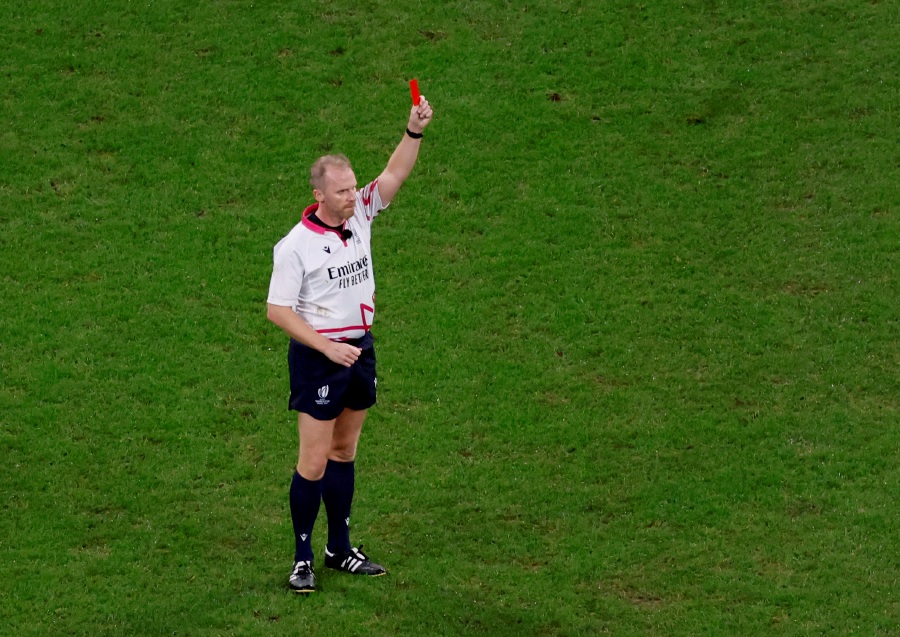 Referee Wayne Barnes shows New Zealand's Sam Cane a red card. - REUTERS Pic