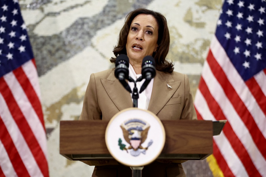 U.S. Vice President Kamala Harris delivers remarks on the ongoing conflict between Israel and Hamas, during a press conference held on the sidelines of the United Nations Climate Change Conference COP28 in Dubai, United Arab Emirates, December 2, 2023. - REUTERS
